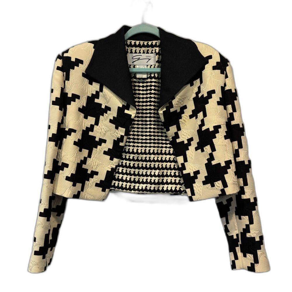 Vintage Genny Jacket Wool Silk Crop Houndstooth Italy Black Blazer Women US 12 - Picture 2 of 9